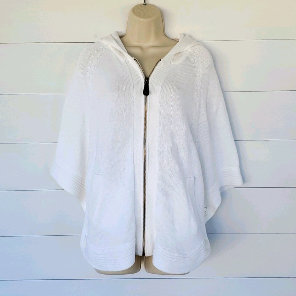 QUEEN COLLECTION Hooded Zippered Poncho White XS